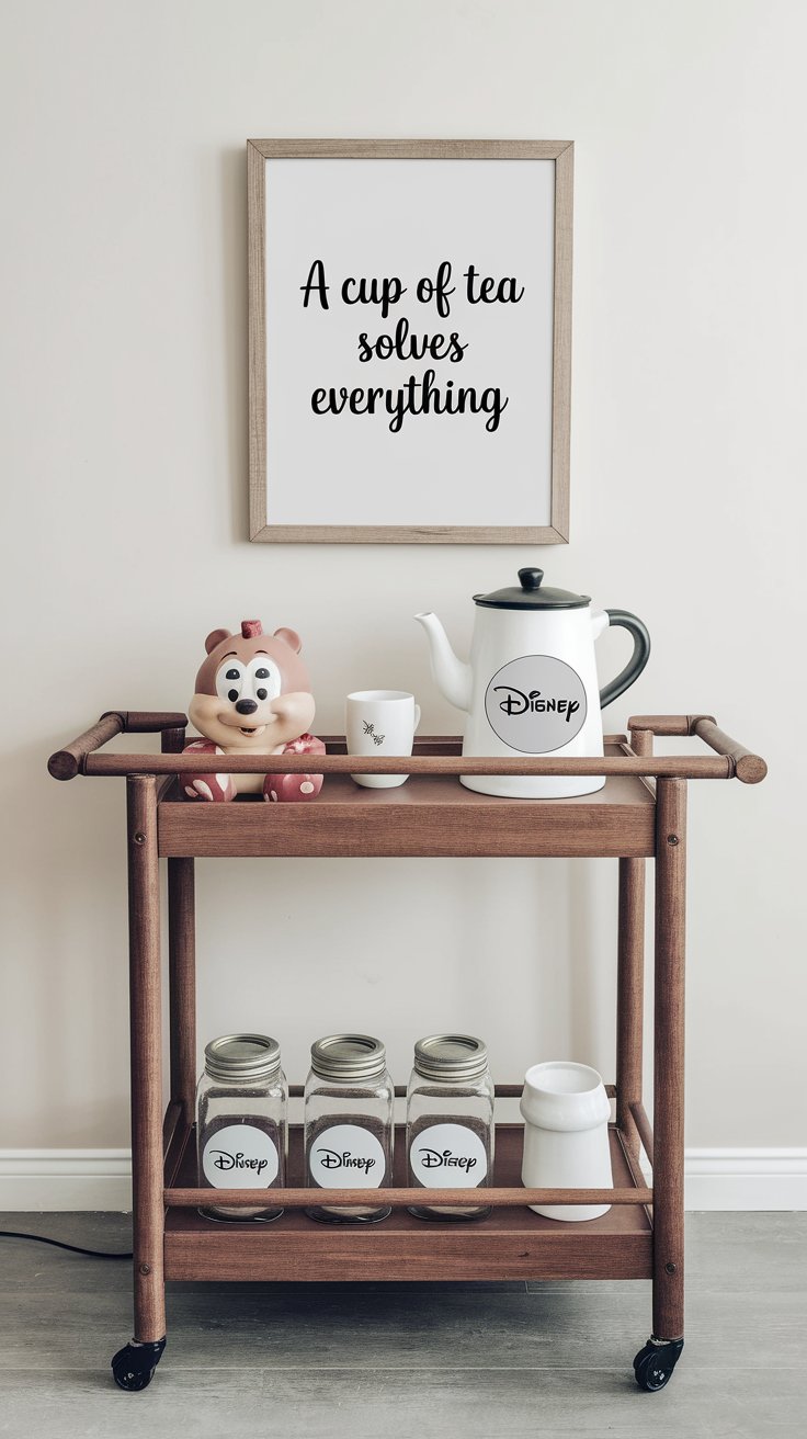 Disney-themed coffee and tea station with character mugs and whimsical quote signage