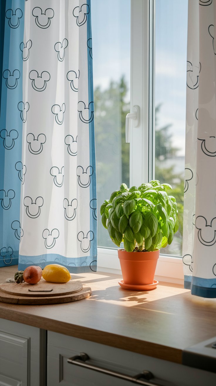 Disney kitchen curtains with classic Mickey prints for cheerful window styling