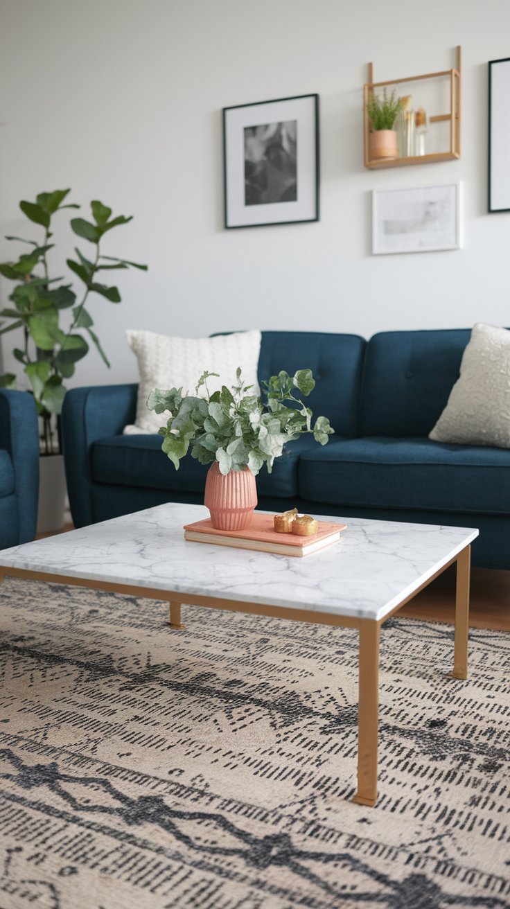 Modern living room with a low square marble coffee table framed in gold, styled with a pink vase of greenery and a small tray. Deep blue sofas with textured pillows, a patterned rug, and black-and-white wall art create a chic, contemporary look.