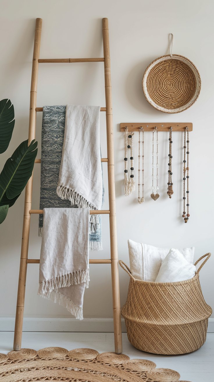 Open ladder wardrobe with textiles and accessories for functional boho rustic bedroom decor