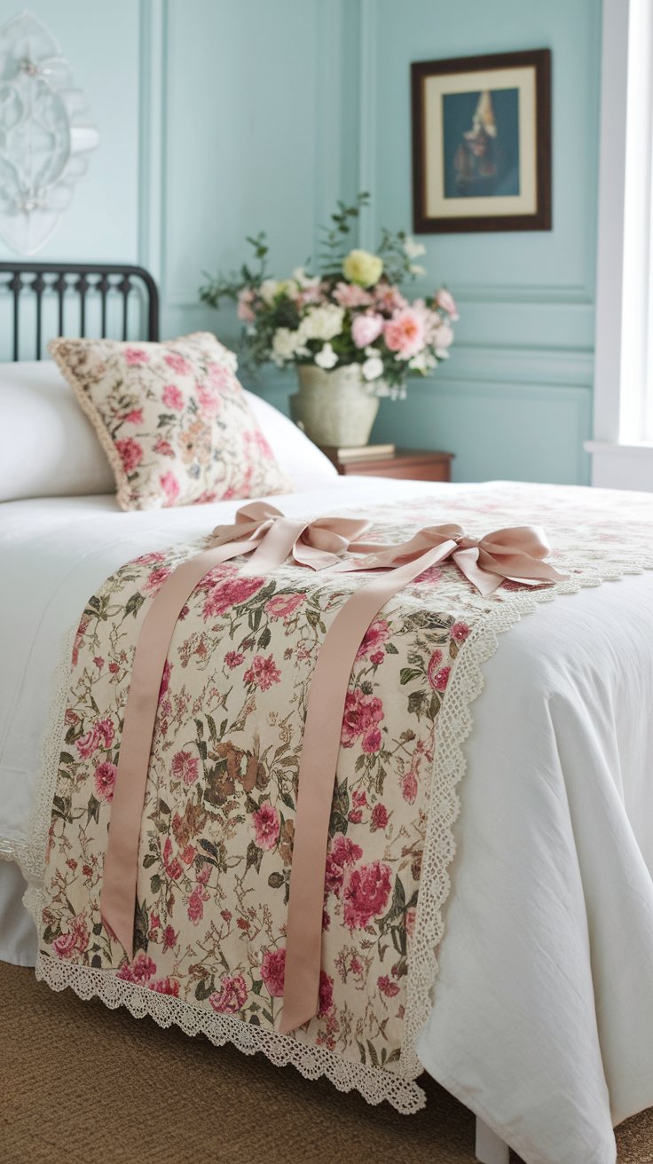 No-sew cottagecore bed runner with floral fabric and lace for romantic bedroom styling
