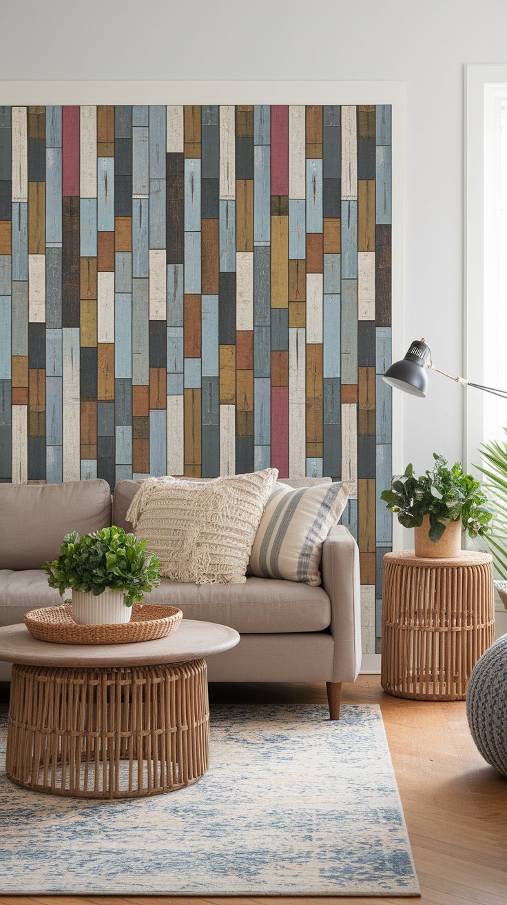 Peel-and-stick wood plank accent wall for cozy boho living room makeover