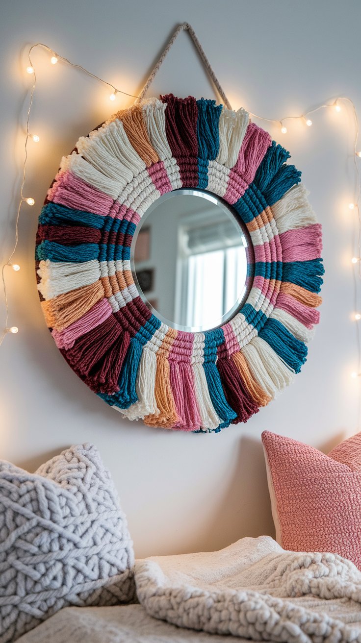 Yarn-wrapped mirror frame with boho textures for cozy dorm or bedroom decor