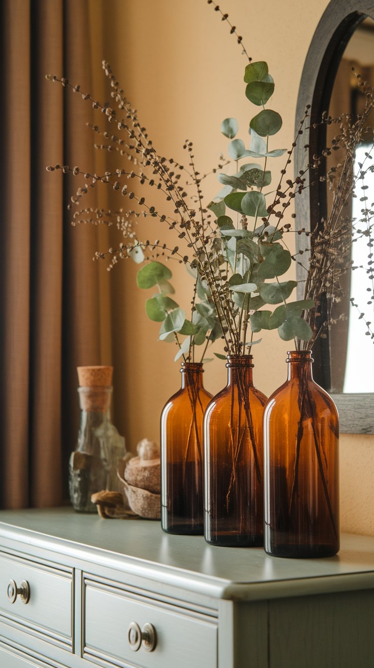 Amber glass jars with dried branches for sculptural boho rustic bedroom accents