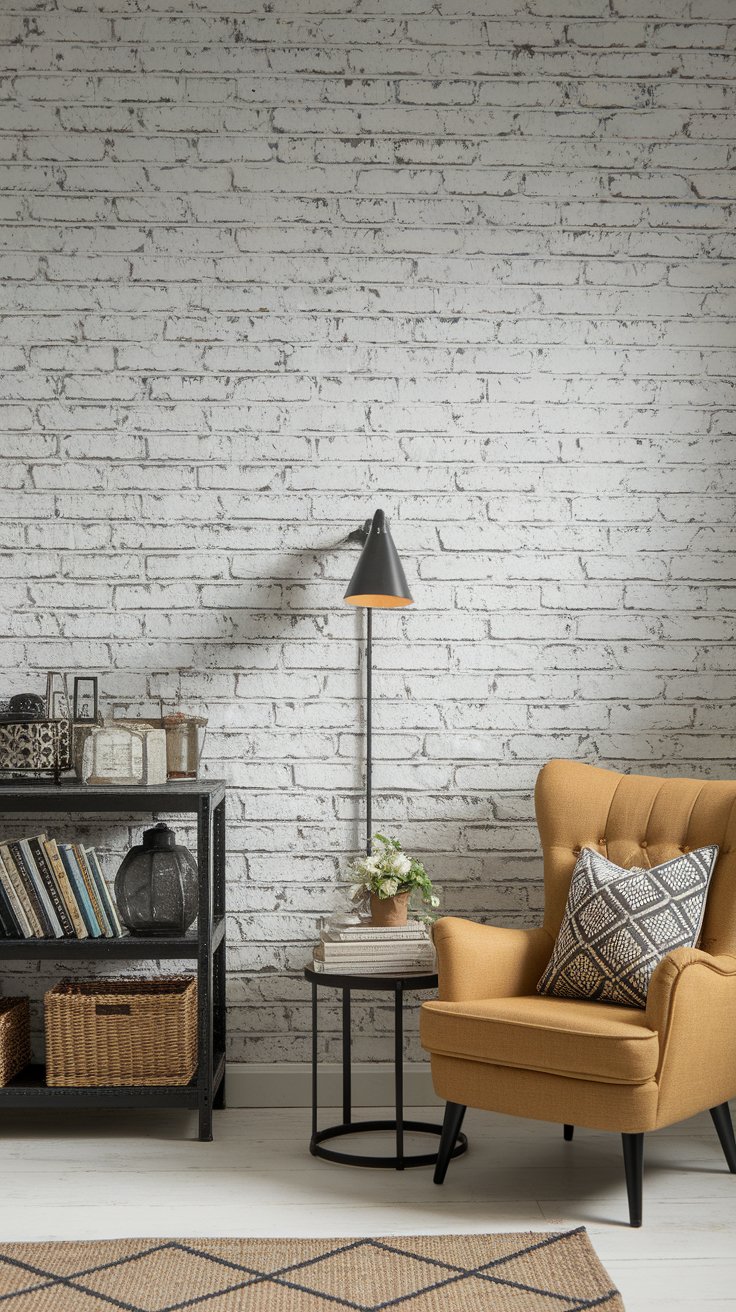 DIY faux brick accent wall using joint compound for industrial loft-style reading nook