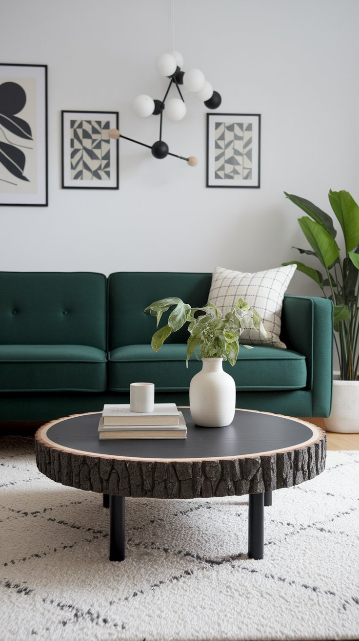 A modern living room featuring a dark green sofa with a grid-patterned throw pillow, a round black coffee table with a bark-textured edge, and a minimalist white vase holding leafy greenery. Geometric wall art and a mid-century style chandelier add a contemporary touch to the space.