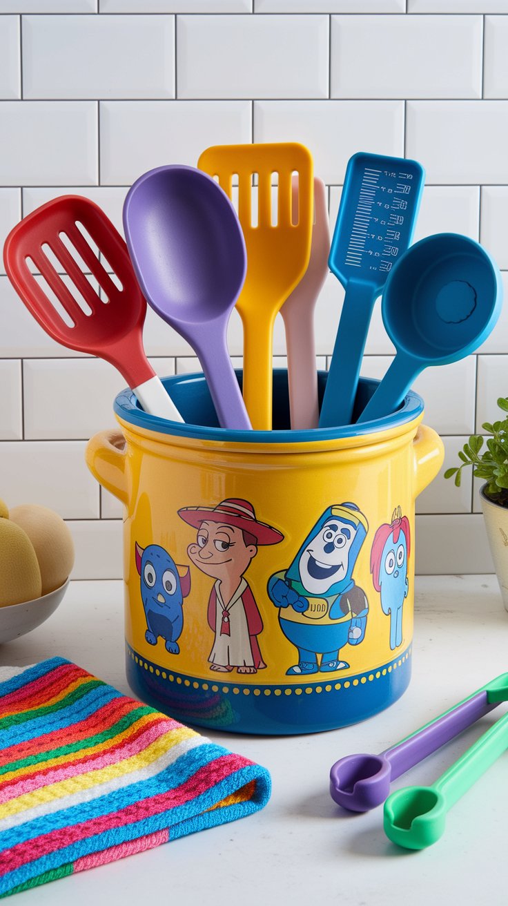 Pixar-themed kitchen utensils in a playful crock for kid-friendly cooking decor