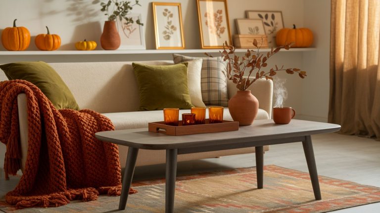 A warm, autumn-themed living room featuring a cream-colored sofa with olive green and plaid pillows, draped with a chunky rust-colored knit blanket. The wooden coffee table holds amber glassware, a terracotta vase with dried foliage, and a steaming mug, while pumpkins and botanical prints decorate the shelves in the background. Natural light filters through brown curtains, enhancing the cozy, seasonal vibe.