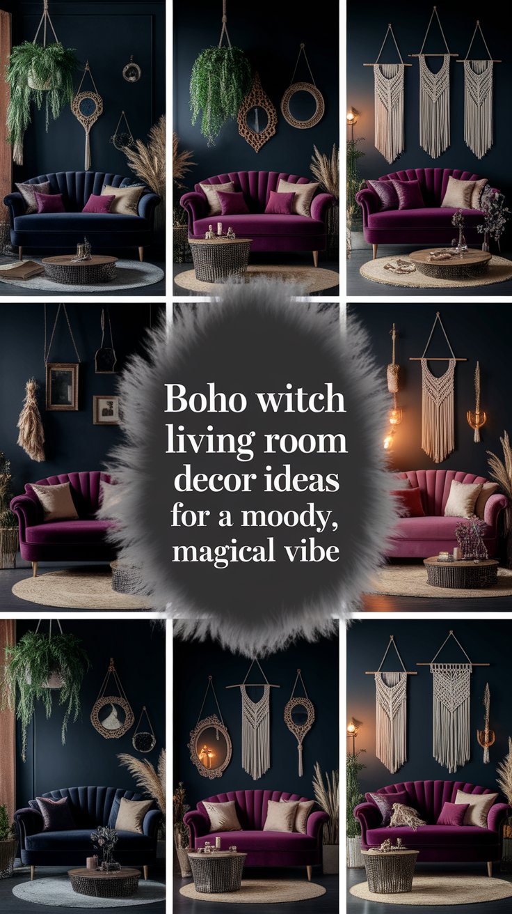 Collage of boho witch-inspired living room setups featuring dark moody walls, jewel-toned velvet sofas in shades of navy, plum, and magenta, surrounded by pampas grass, woven macramé wall hangings, rattan coffee tables, hanging plants, and soft candlelight. Center text reads: “Boho witch living room decor ideas for a moody, magical vibe,” set against a smoky, mystical black background. Each vignette blends cozy, enchanted, and earthy aesthetics with layered textures and mystical decor accents.