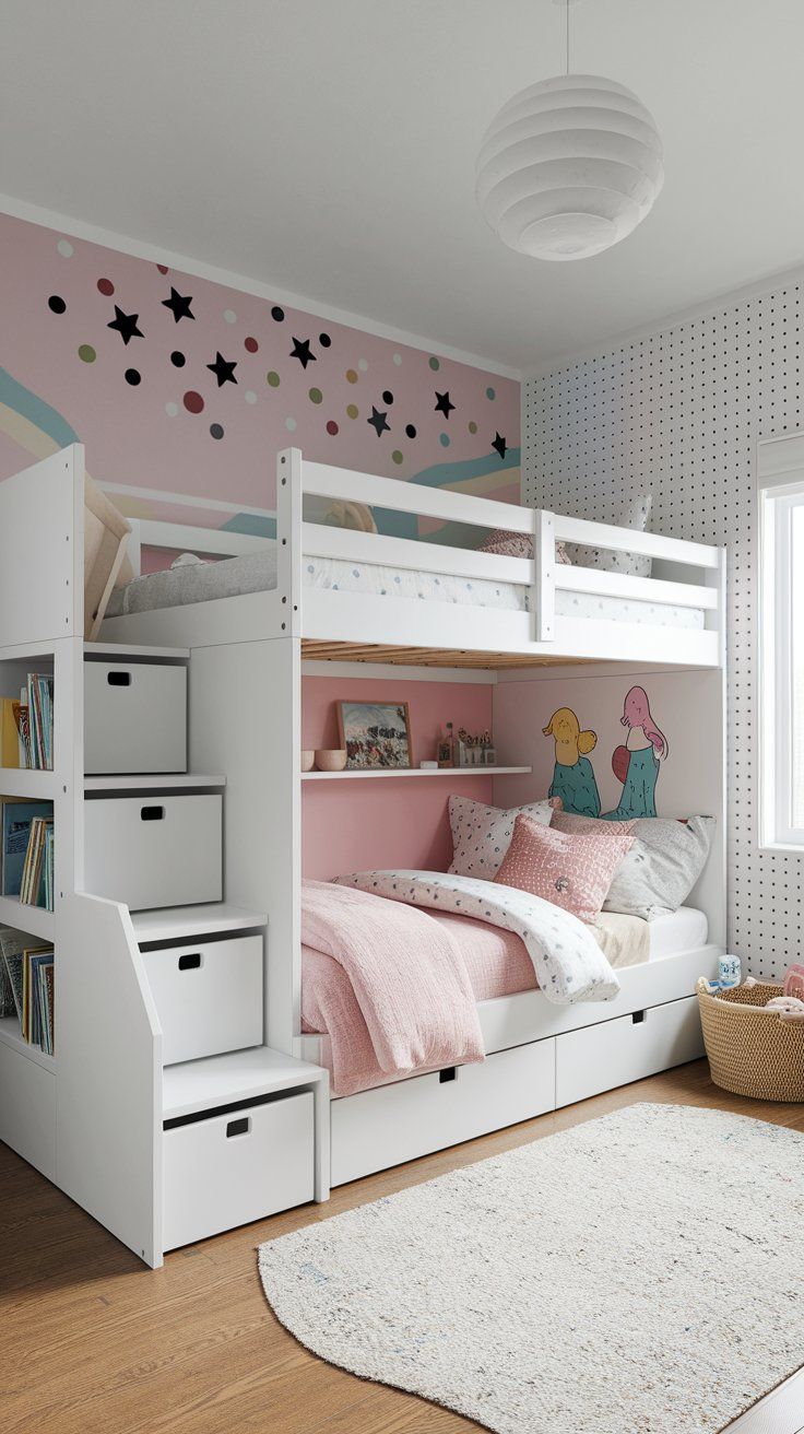 Space-saving loft bed with built-in storage and cozy nook in a small kids’ bedroom