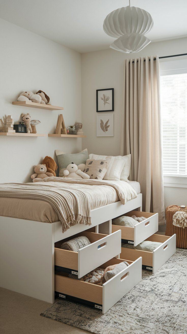 Kids’ bed with built-in underbed storage drawers for organized small bedroom layout”