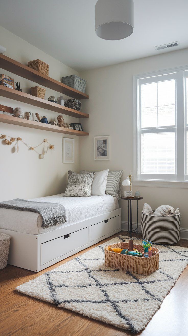 Corner bed layout maximizing floor space in a small kids’ bedroom