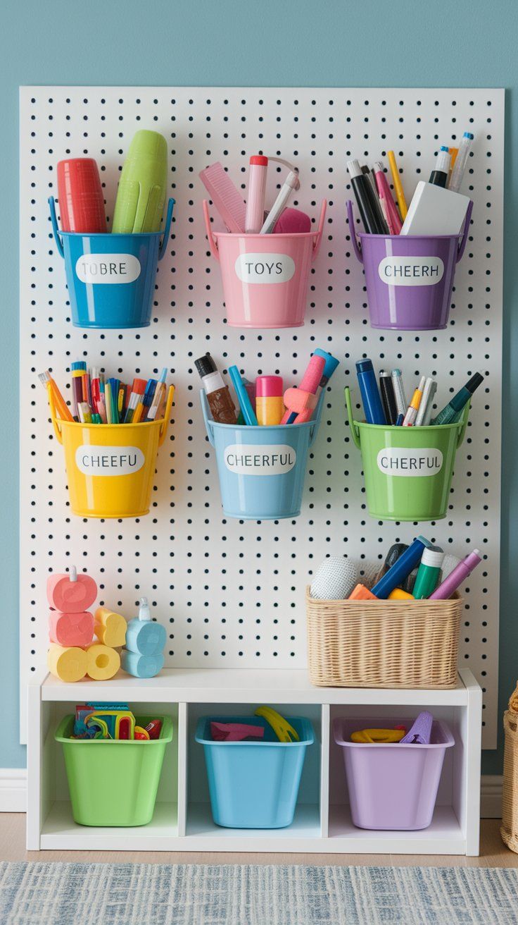 Wall-mounted storage bins for organizing toys and supplies in a small kids’ room