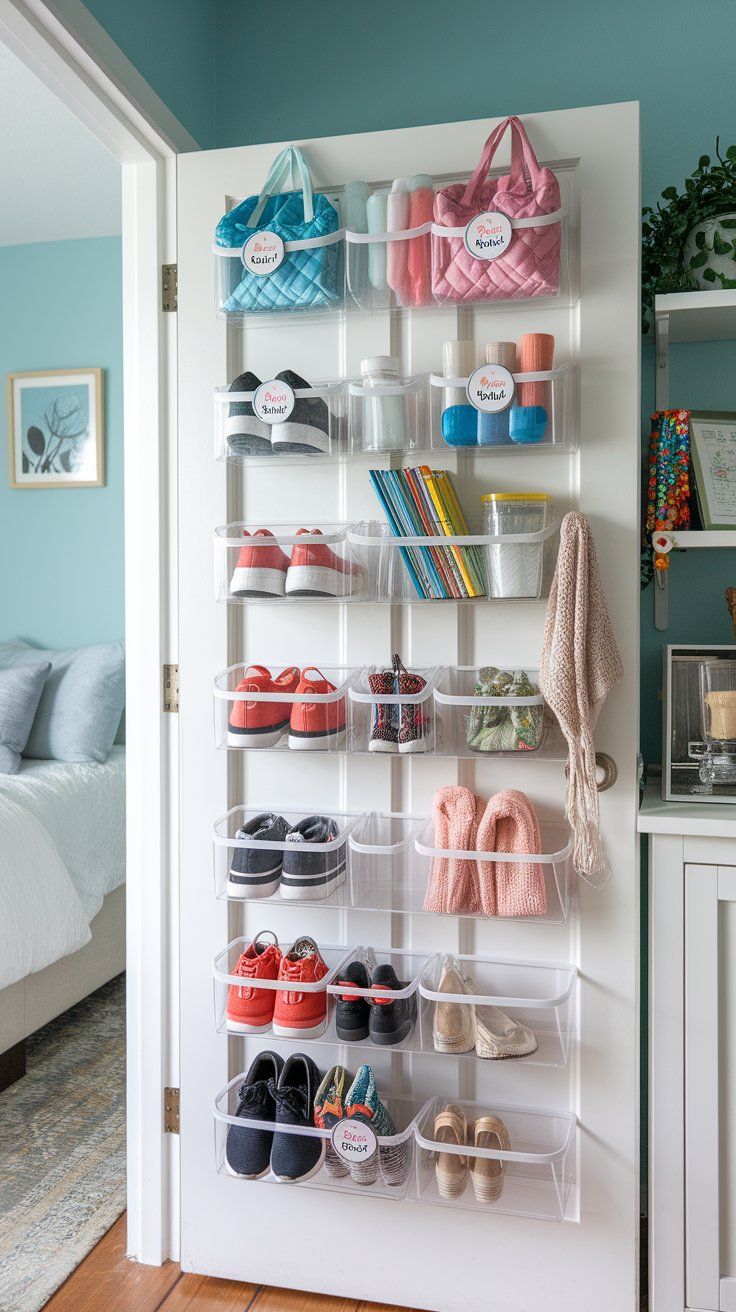 Over-the-door organizer maximizing vertical space in a small kids’ bedroom