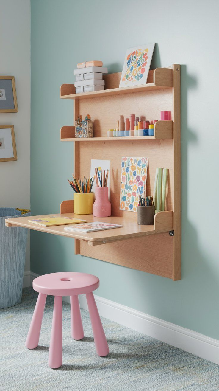 Fold-out desk solution for functional workspace in a small kids’ bedroom