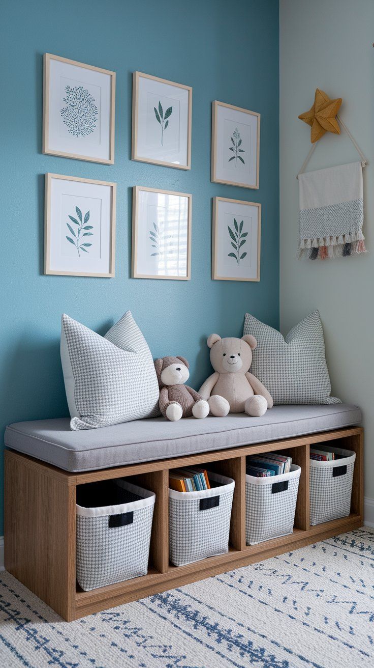 Cube shelving unit doubling as seating and storage in a small kids’ room