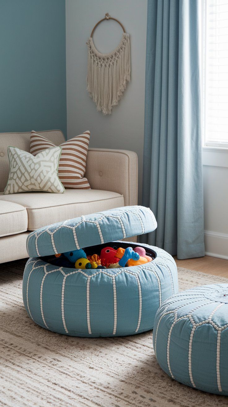 Storage ottomans and poufs adding comfort and organization to small kids’ bedrooms