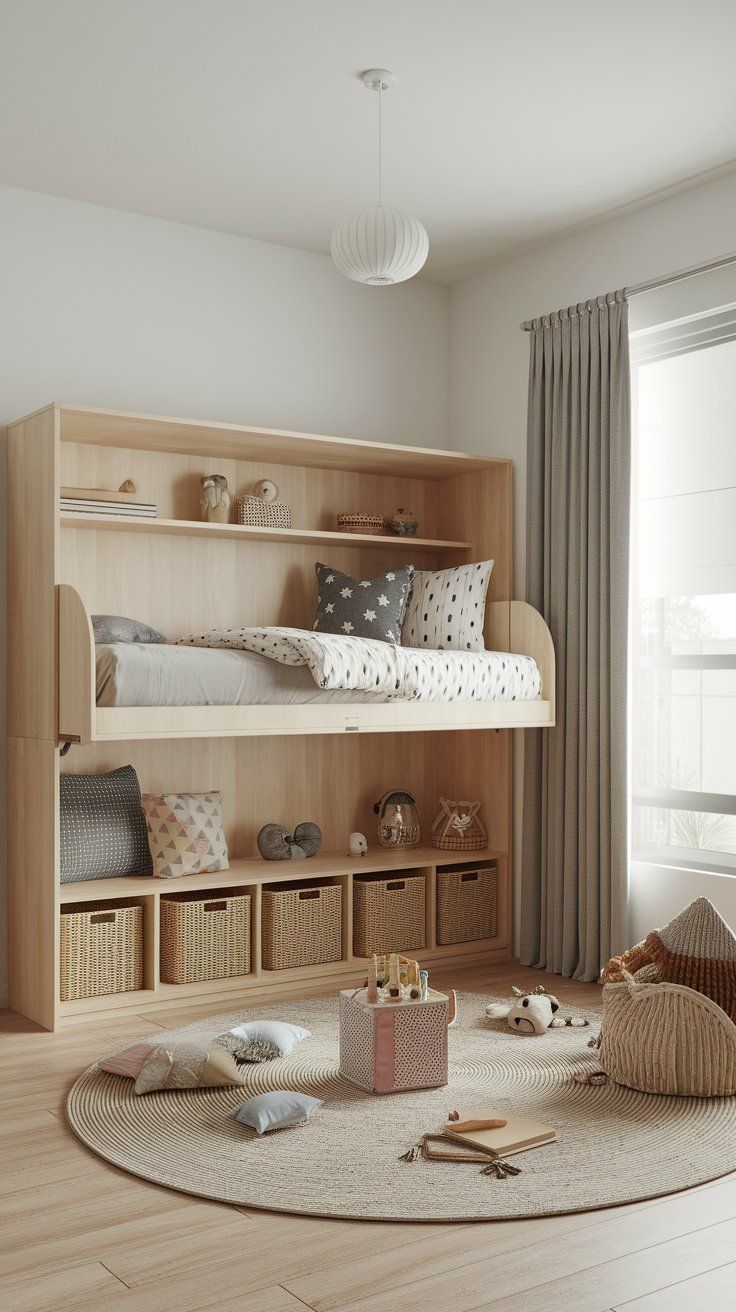 Murphy bed setup for flexible sleeping space in a small kids’ bedroom