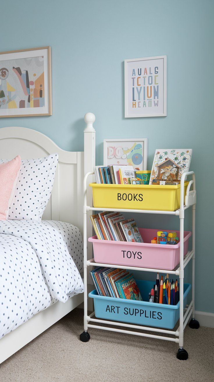 Tiered rolling cart for mobile storage in compact kids’ bedroom spaces
