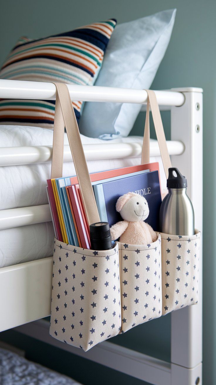 Bedside caddy replacing nightstand in a small kids’ bedroom for easy access storage