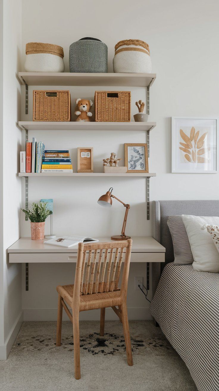 Open wall shelving replacing bulky bookcases in small kids’ bedroom design