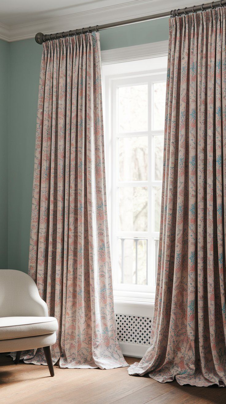 High-hung floor-length curtains creating height and softness in a small kids’ room
