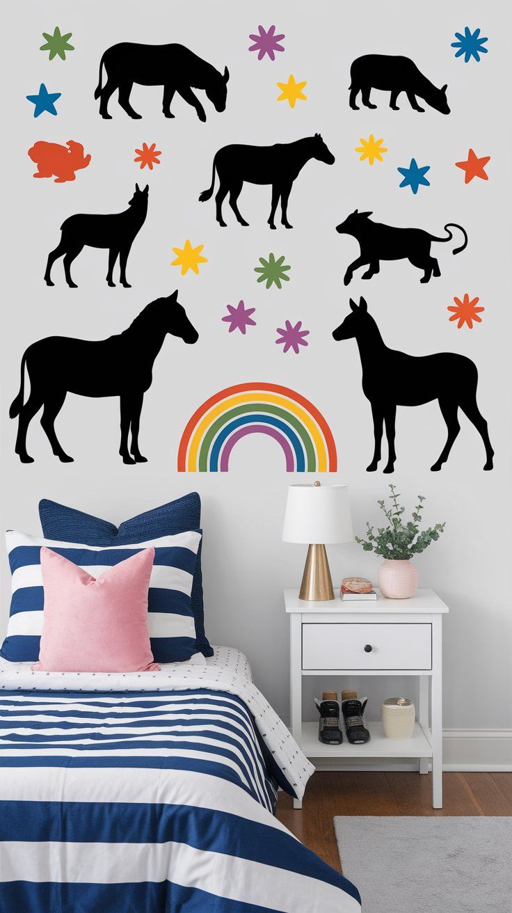 Wall decals adding playful style to small kids’ bedroom walls without paint