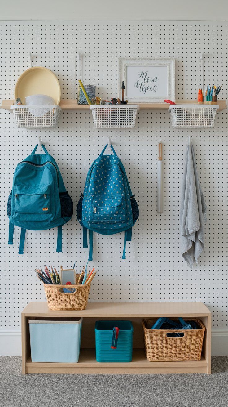 Pegboard wall system for organizing gear in compact kids’ bedroom layouts
