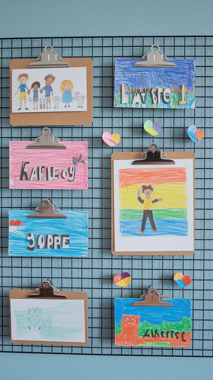 DIY art gallery wall showcasing children’s creations in a small bedroom