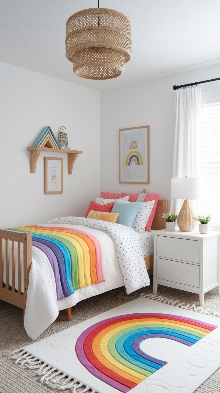 Neutral kids’ bedroom decor with colorful accessories for seasonal or themed updates
