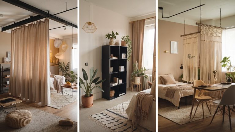 Three side-by-side images showcase budget-friendly DIY room divider ideas in cozy, modern interiors. The first uses a simple beige curtain on a ceiling track, the second features a tall black open shelving unit filled with books and plants, and the third displays a boho-style macrame divider suspended from the ceiling, partially enclosing a bed.