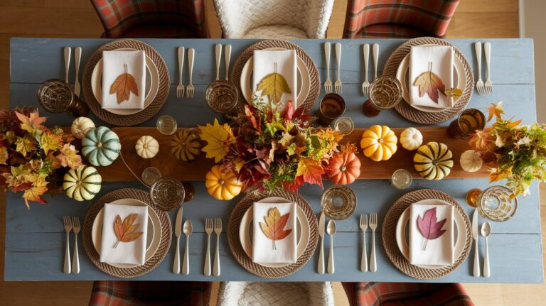 A festive fall tablescape set for six, featuring a blue wooden table with brown woven placemats, white plates topped with napkins and colorful autumn leaves. The centerpiece includes mini pumpkins and gourds in various colors, along with vibrant arrangements of fall leaves, creating a warm, seasonal atmosphere.
