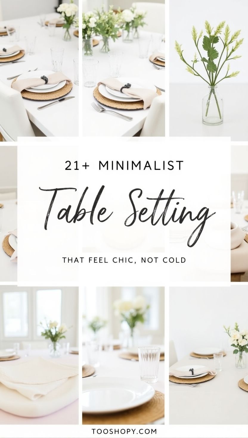 Collage of minimalist table setting ideas featuring white dinnerware on woven chargers, beige cloth napkins with black napkin rings, and clear glassware on a white table. The settings are accented with simple green and white floral arrangements in glass vases, creating a chic, modern aesthetic. Text overlay reads “21+ Minimalist Table Setting That Feel Chic, Not Cold” with the source labeled as tooshopy.com.
