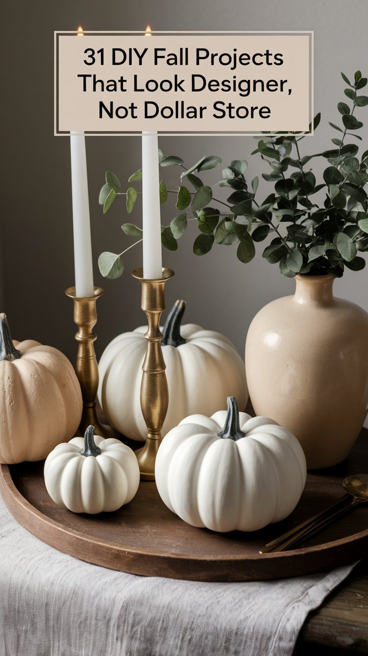 A stylish fall decor arrangement featuring white and pale peach pumpkins, brass candlesticks with lit taper candles, and a neutral ceramic vase filled with eucalyptus stems. The items sit on a round wooden tray atop a soft gray linen cloth. Overlaid text reads “31 DIY Fall Projects That Look Designer, Not Dollar Store.”