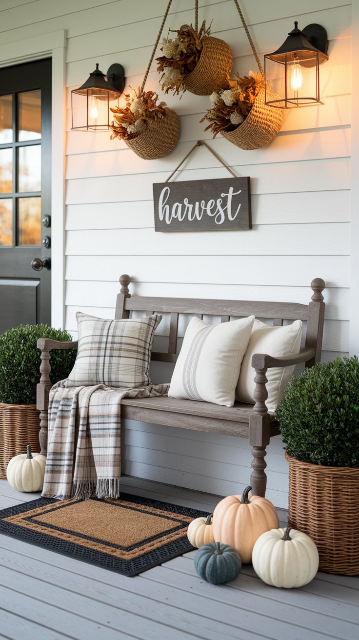 A welcoming fall porch scene with a rustic wooden bench adorned with neutral pillows and a plaid throw blanket. A “harvest” sign hangs above, flanked by basket wall sconces filled with dried florals and lit lantern-style lights. Pumpkins in muted tones and potted greenery complete the cozy, autumnal setting.