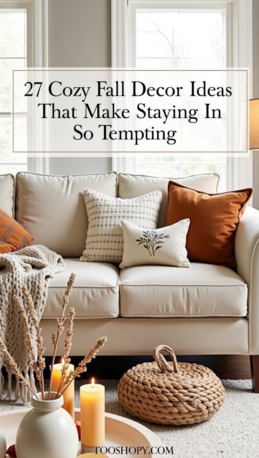 A cozy fall living room setup featuring a cream sofa with textured neutral and burnt orange throw pillows, a chunky knit blanket, and a wooden coffee table topped with glowing candles, dried wheat stems, and a ceramic vase. The warm tones and soft textures create a perfect autumn-inspired space for relaxing indoors.
