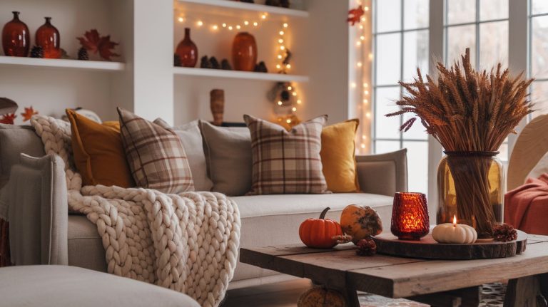 A warm and inviting fall living room featuring a neutral sofa with plaid and mustard throw pillows, a chunky knit blanket, and a rustic coffee table decorated with mini pumpkins, pinecones, candles, and a large amber vase of dried wheat. Twinkle lights and amber glass vases on built-in shelves enhance the cozy autumn vibe.