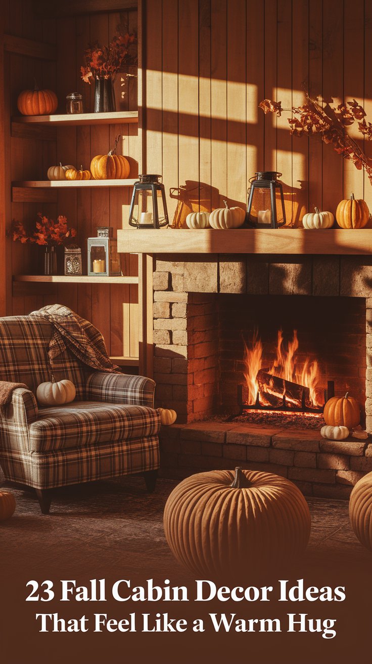A cozy cabin living room decorated for fall with stacked pumpkins, plaid armchair, glowing fireplace, and shelves styled with lanterns, autumn foliage, and rustic accents. Warm wood paneling and soft lighting create a snug, inviting vibe perfect for seasonal inspiration.