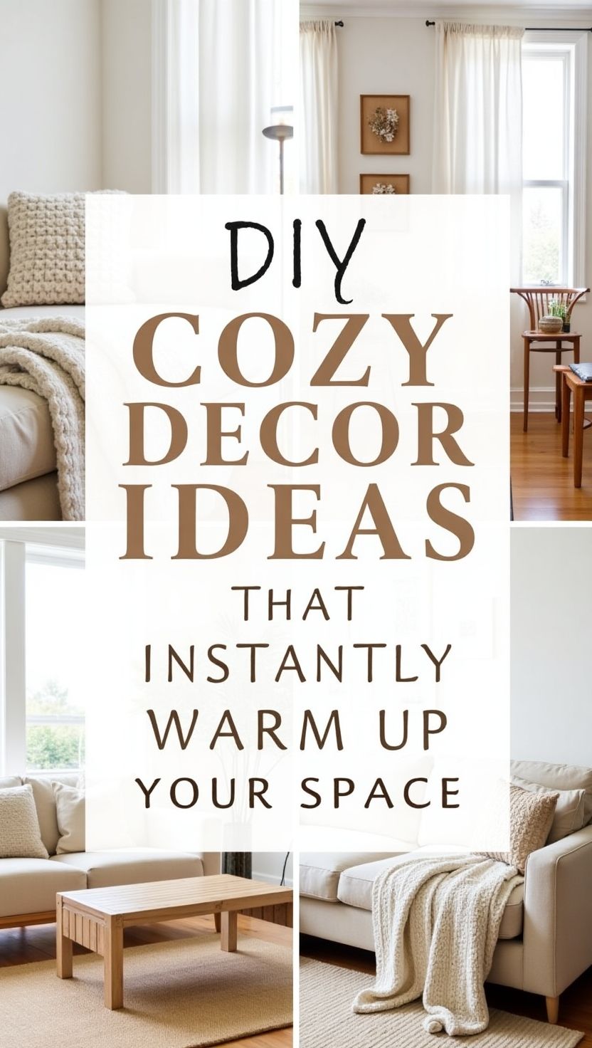 Collage of DIY cozy home decor ideas featuring neutral-toned living rooms with beige sofas, chunky knit blankets, textured pillows, and wooden coffee tables. The central text reads “DIY Cozy Decor Ideas That Instantly Warm Up Your Space,” surrounded by soft, natural lighting and minimalist aesthetic that emphasizes warmth and comfort.