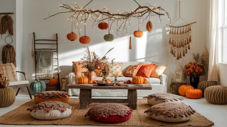 A cozy boho living room decorated for fall with layered floor cushions, a rustic wooden coffee table topped with pumpkins and dried flowers, and a sofa with orange and neutral throw pillows. Above, a large branch adorned with hanging pumpkins and twinkle lights adds festive warmth, while natural textures and sunlight fill the space.