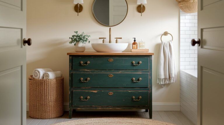 A cozy bathroom features a vintage green dresser repurposed as a vanity with a vessel sink and brass faucet, topped with a small potted plant and soap dispensers. A round mirror hangs above, flanked by wall sconces, with a wicker basket of rolled towels and a hanging hand towel completing the warm, inviting look. White tile and soft neutral walls create a clean, fresh backdrop.