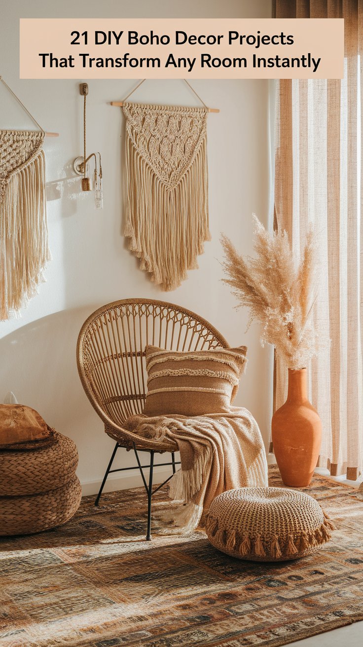A warm, boho-inspired reading nook featuring a rattan chair with a striped cushion and fringed throw blanket, set against a white wall adorned with macramé wall hangings. A terracotta vase filled with pampas grass, a pouf with tassels, and a textured area rug complete the cozy, earthy aesthetic. Text at the top reads "21 DIY Boho Decor Projects That Transform Any Room Instantly."