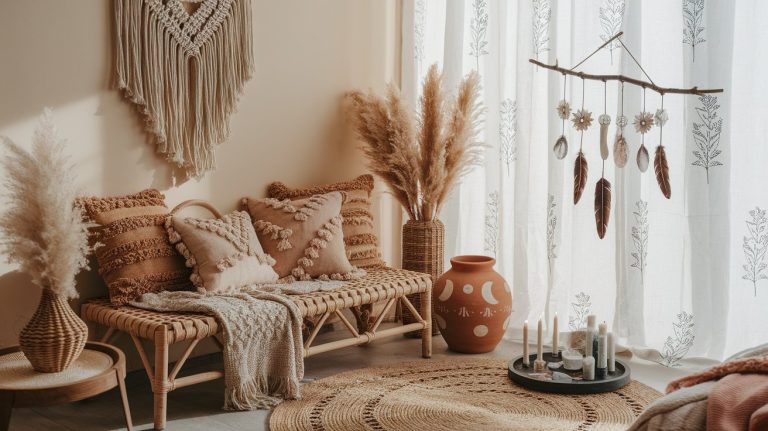 A cozy boho-style living space with earthy tones and natural textures, featuring a woven bench with tasseled pillows, a macramé wall hanging, pampas grass in vases, and a handmade mobile of feathers and flowers hanging by a sheer curtain. A round jute rug and a candle and crystal arrangement on a low tray complete the calming, organic atmosphere.
