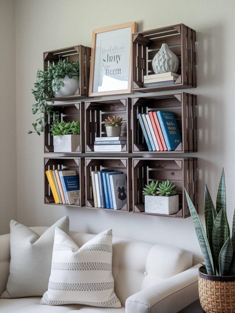Floating crate shelves repurposed from thrifted wood boxes for budget-friendly wall decor