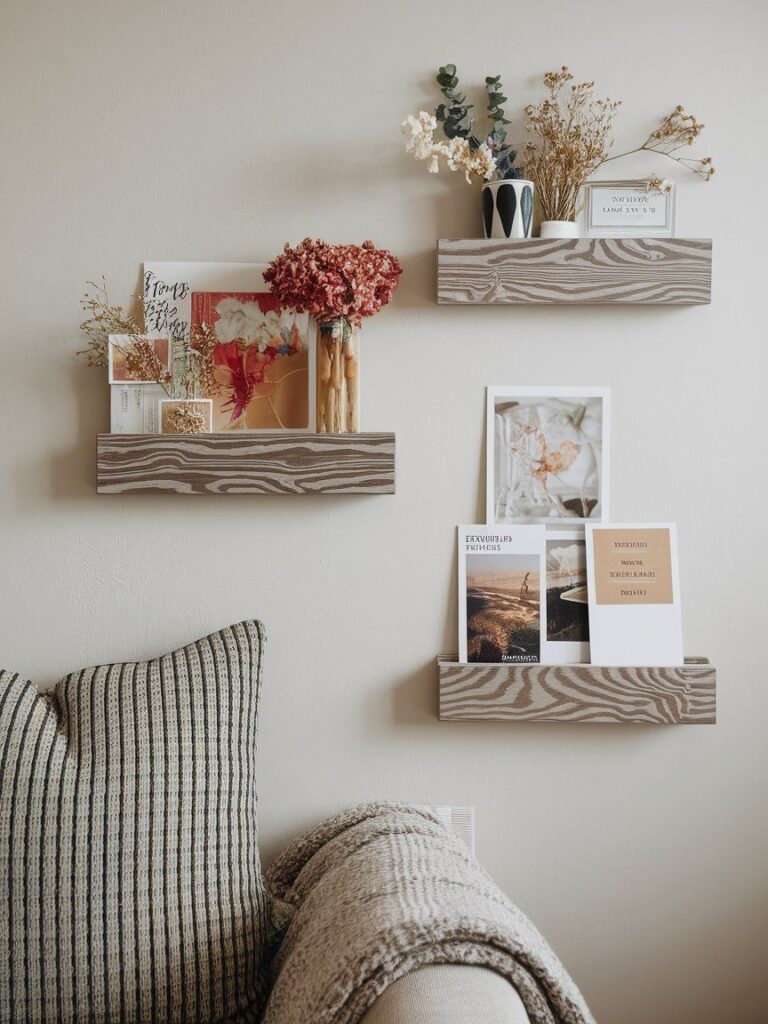 Faux floating shelves using peel-and-stick ledges for renter-friendly wall styling