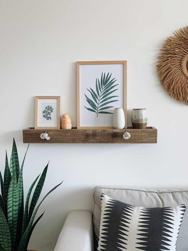 DIY ledge-style shelf using wood glue and trim for minimalist display wal