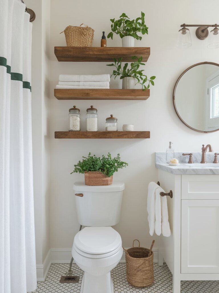 Stained wood floating shelf trio adding warmth and function to small bathroom space