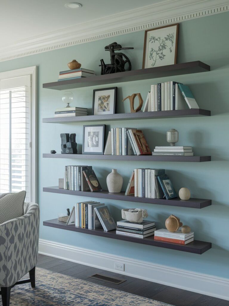Layered floating bookshelves with trim molding for built-in look in kids’ room or living area