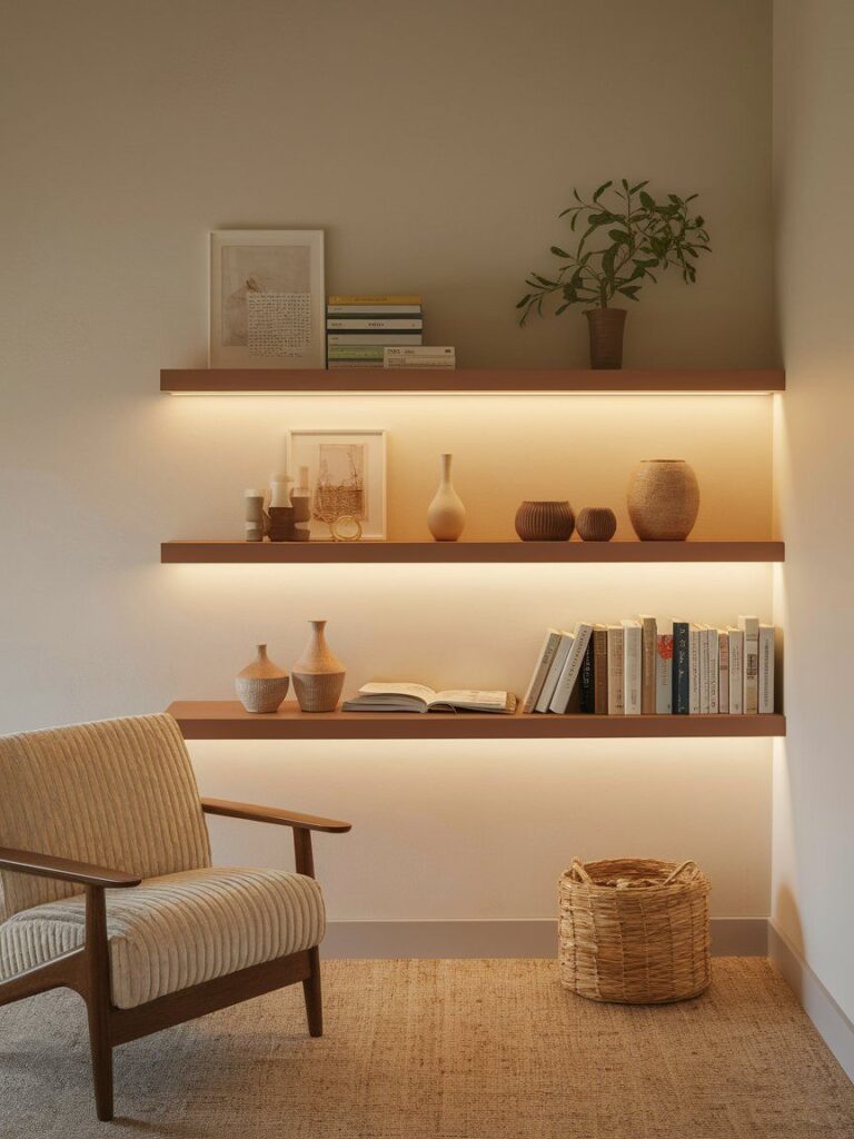 Floating shelf with integrated underlighting for ambient and high-end wall display