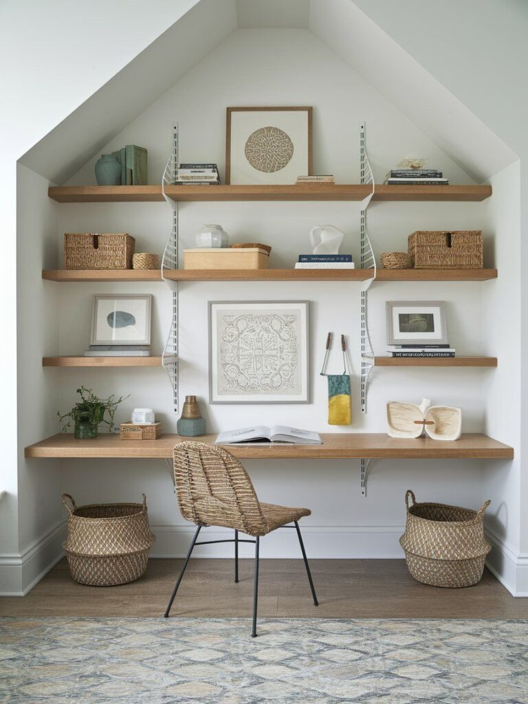 Wall-to-wall floating shelf installation for dramatic and functional home office storage